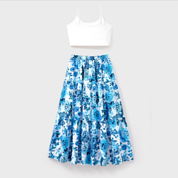 White Camisole Top and Blue Floral Print Skirt Co-ord Set - Picture 2 of 5